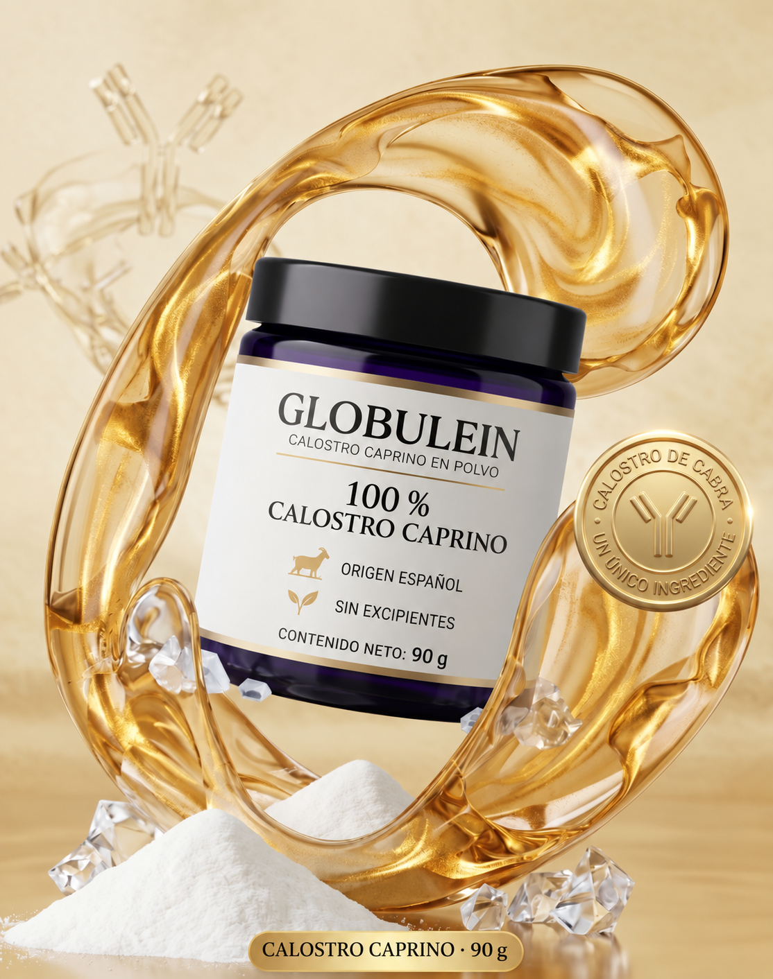 Ilustración del bote GLOBULEIN de 90 g en tonos crema y dorado